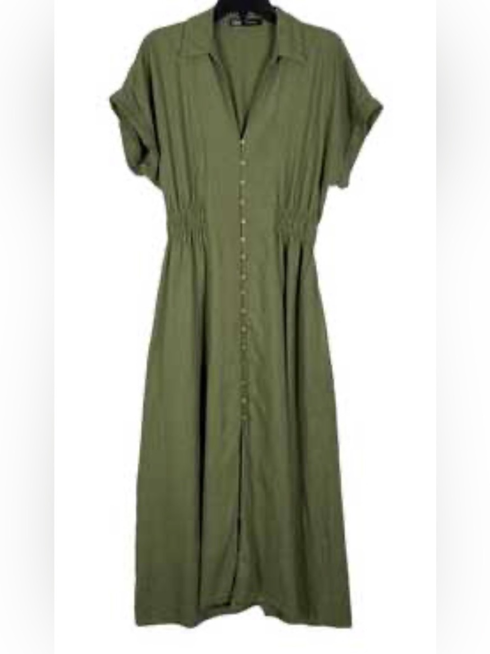 ZARA Linen Blend Olive Green Button-Front Midi Shirtdress S